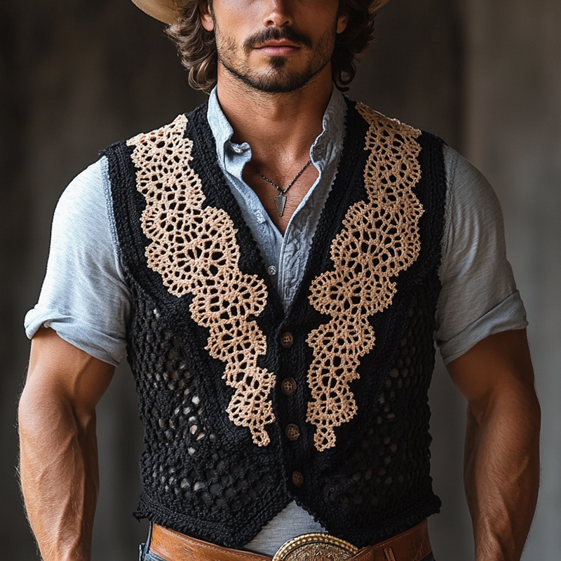 Michael | Men'S Western Crochet Colorblock Single Breasted Vest