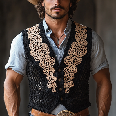 Michael | Men'S Western Crochet Colorblock Single Breasted Vest