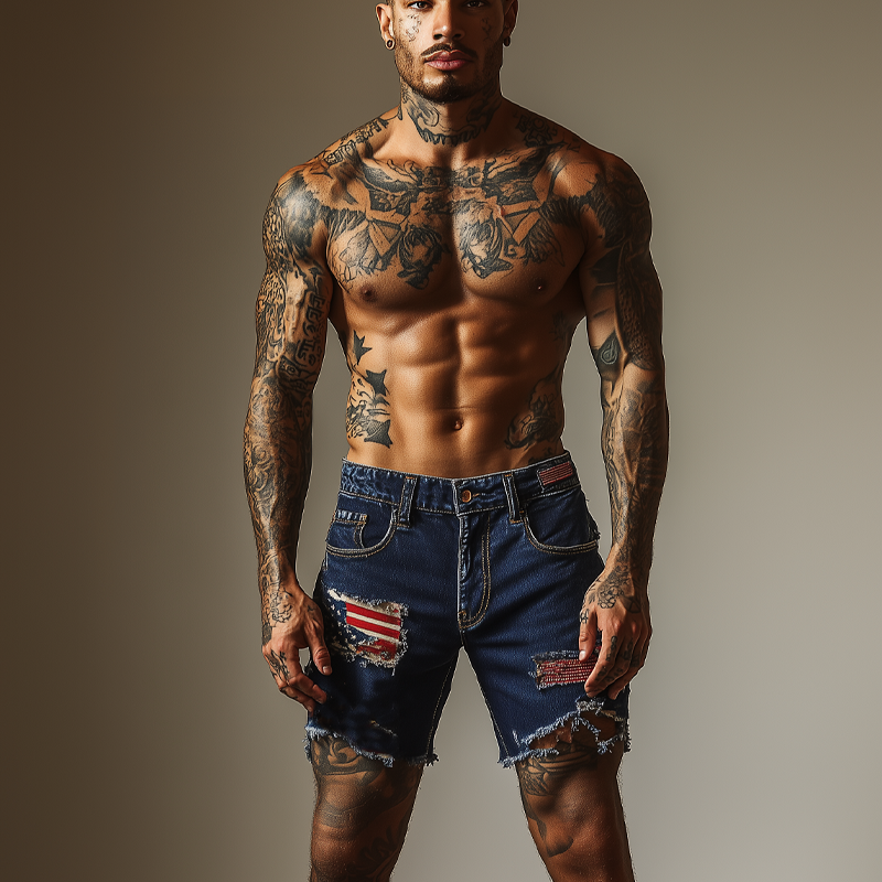 Clyde | Men'S American Flag Washed Ripped Denim Shorts