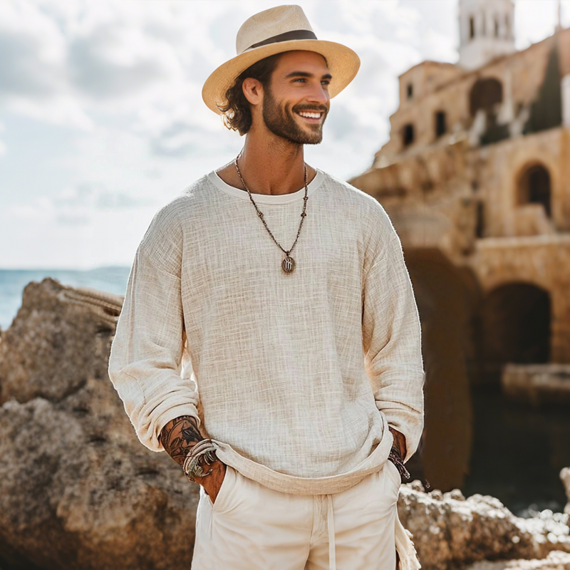 Oliver | Men'S Casual Breathable Cotton Linen Round Neck Loose Long-Sleeved T-Shirt