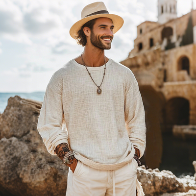 Oliver | Men'S Casual Breathable Cotton Linen Round Neck Loose Long-Sleeved T-Shirt