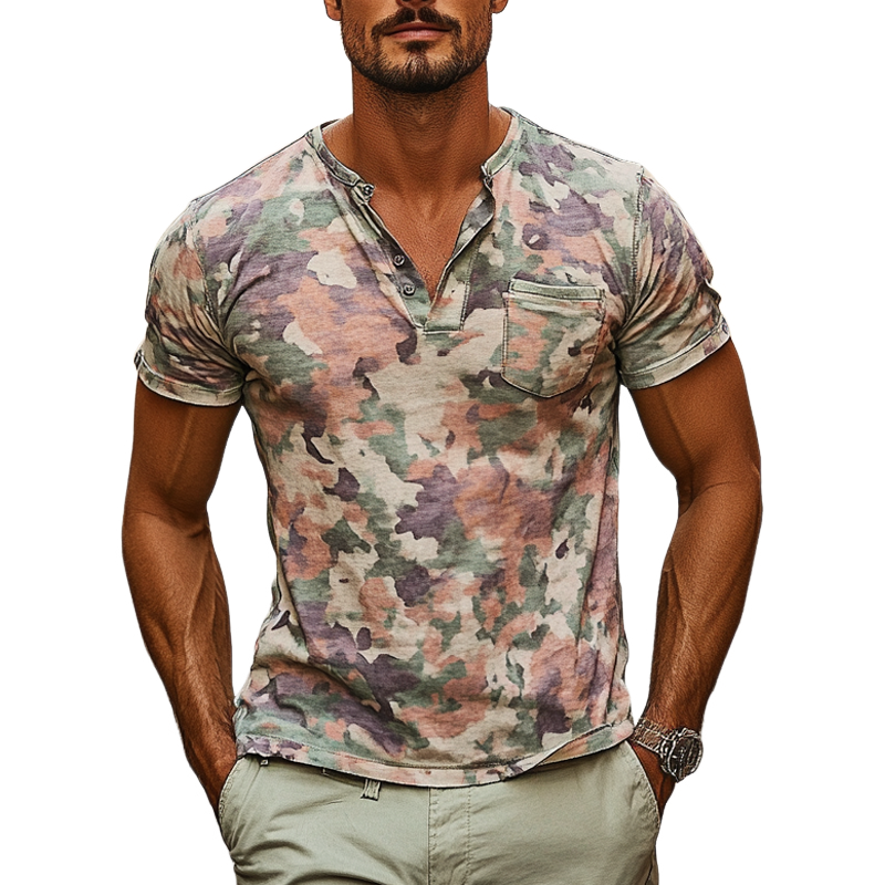 Troy | Men'S Casual Camouflage Print Henley Neck Short Sleeve T-Shirt