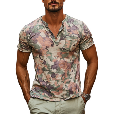 Troy | Men'S Casual Camouflage Print Henley Neck Short Sleeve T-Shirt