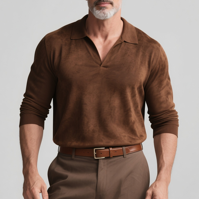 Quentin | Men'S Solid Faux Suede Lapel Long Sleeve Polo Shirt