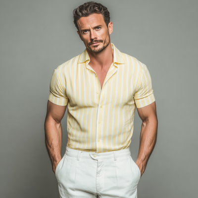 Milo | Men'S Casual Breathable Striped Cotton Lapel Slim Fit Short Sleeve Shirt