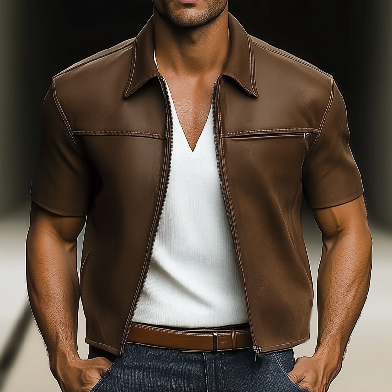 Bruno | Men'S Summer Light Leather Zip-Up Short Sleeve Shirt