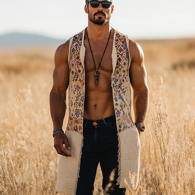 Basil | Men'S Summer Fashion Printed Linen Blended Sleeveless Long Vest