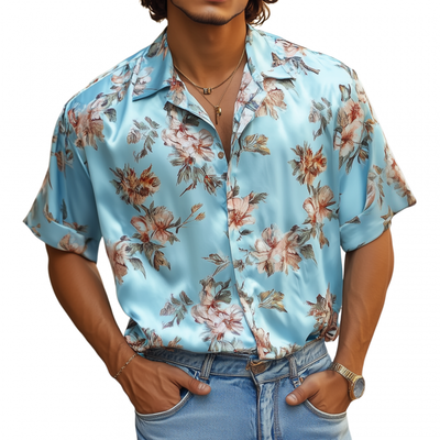 Graham | Men'S Retro Elegant Flower Print Satin Lapel Loose Short Sleeve Shirt