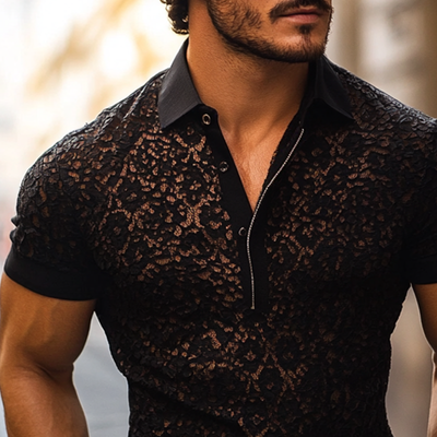 Men's Fashion Lace Lapel Short Sleeve Casal Polo Shirt