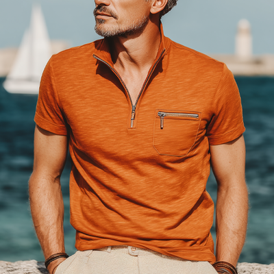 Ben | Men'S Business Cotton Stand Collar Quarter Zip Short Sleeve T-Shirt
