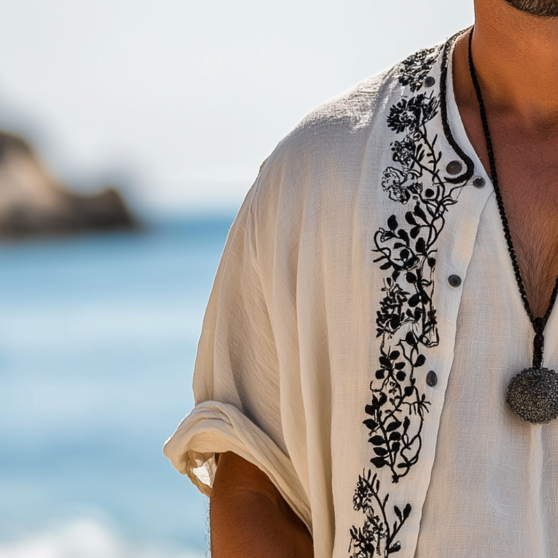 Arturo | Men'S Summer Fashion Simple Embroidery Slub Cotton Short Sleeve Open Shirt