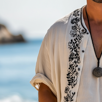 Arturo | Men'S Summer Fashion Simple Embroidery Slub Cotton Short Sleeve Open Shirt