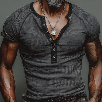 Renato | Men'S Casual Cotton Striped Colorblock Trim Henley Collar Slim Fit Short Sleeve T-Shirt