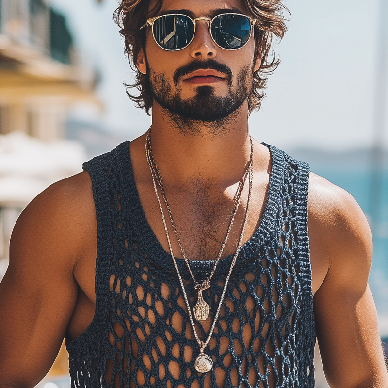 Maurice | Men'S Summer Fashion Casual U-Neck Knitted Crochet Hollow Tank Top
