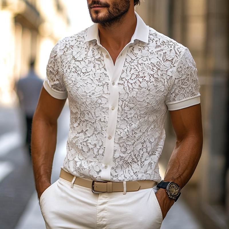 Ricardo | Men'S Solid Lace Lapel Short Sleeve Shirt