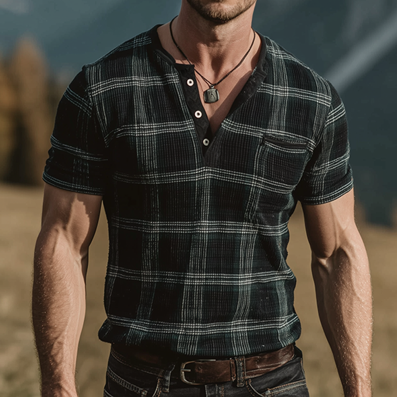 Howard | Men'S Retro Casual Plaid Print Henley Short Sleeve T-Shirt