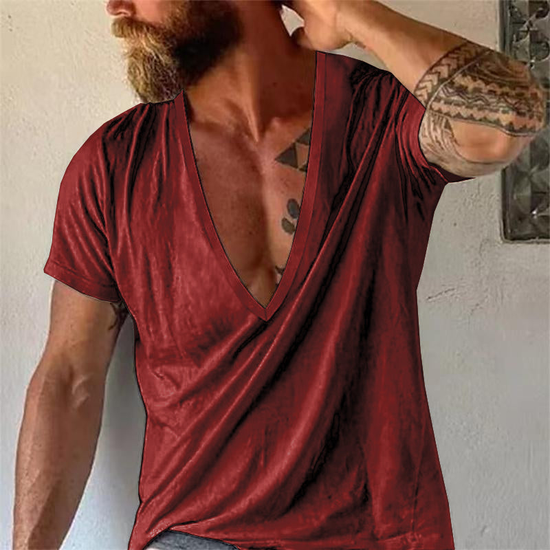 Men's Casal Solid Color Breathable Cotn V-Neck Short-Sleeved T-Shirt