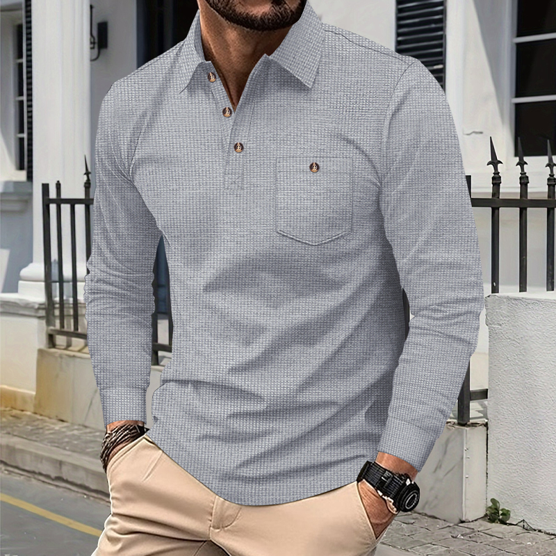 Alan | Men'S Solid Color Waffle Long Sleeve Polo Shirt