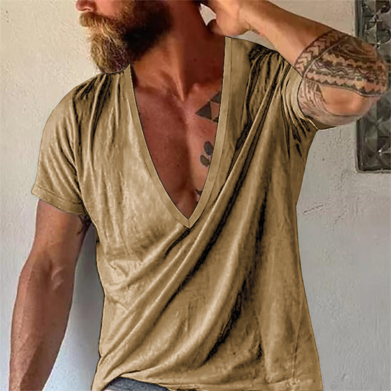 Men's Casal Solid Color Breathable Cotn V-Neck Short-Sleeved T-Shirt