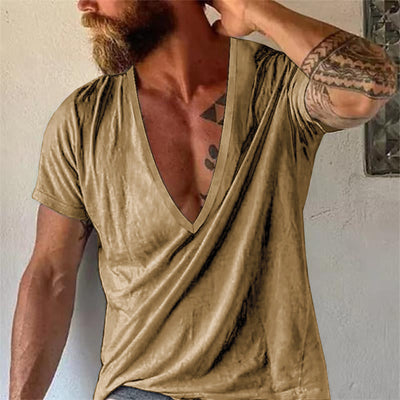 Men's Casal Solid Color Breathable Cotn V-Neck Short-Sleeved T-Shirt