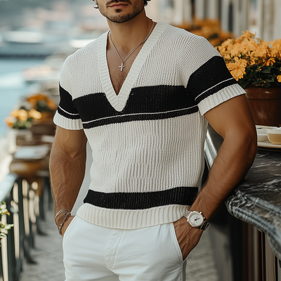 Matthew | Men'S Summer Fashion Casual V-Neck Black And White Horizontal Striped Knitted Short Sleeve T-Shirt