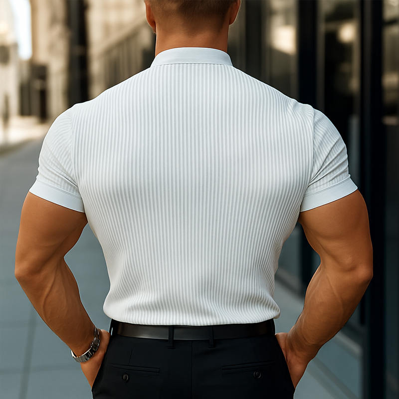 Men's Solid Striped Stand Collar Short Sleeve ShirtZ