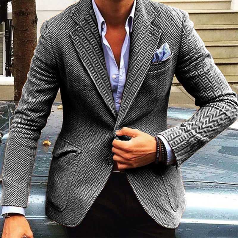 Men's Vine Herringbone Wool Blend Lapel Single Breasted Blazer