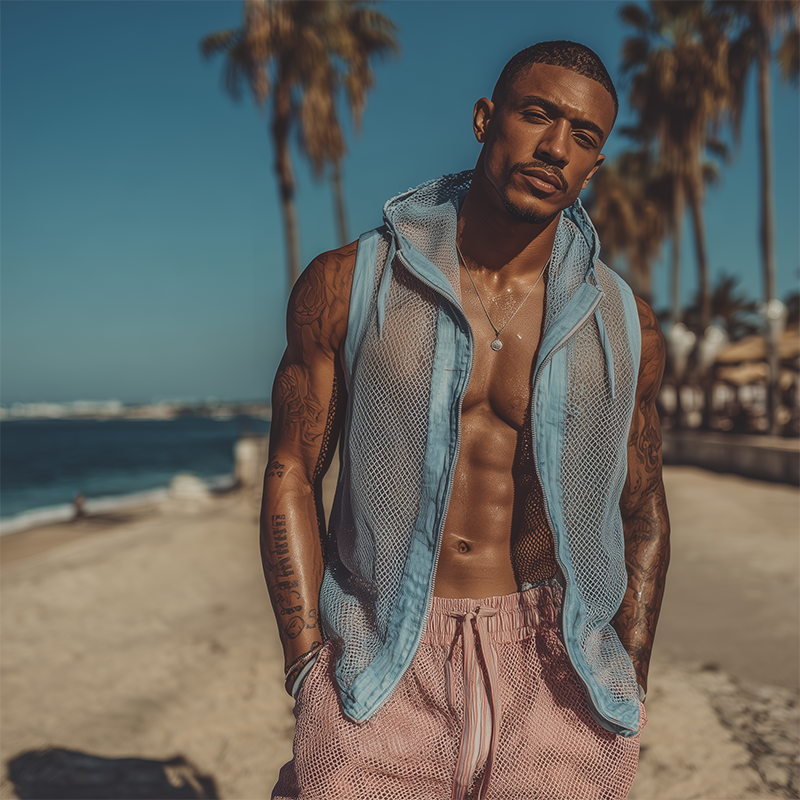 Lamar | Men'S Spring And Summer Fashion Casual Mesh Fabric Splicing Cotton And Linen Slightly Transparent Sexy Hooded Sleeveless Shirt