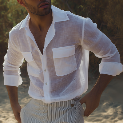 Jamal | Men'S Retro Casual Solid Color Linen Lapel Long Sleeve Shirt