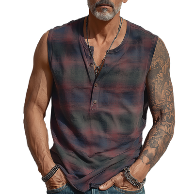 Jeffrey | Men'S Summer Fashion Contrast Print Cotton Blend Sleeveless Henley Shirt