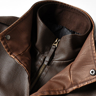 Men's Vine Doble Collar Leather Long Sleeveip Fly Bomber Jacket