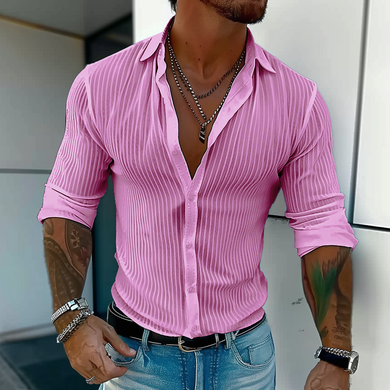 Best® | Men's Solid Color Striped Lapel Long Sleeve Shirt 94598700Z
