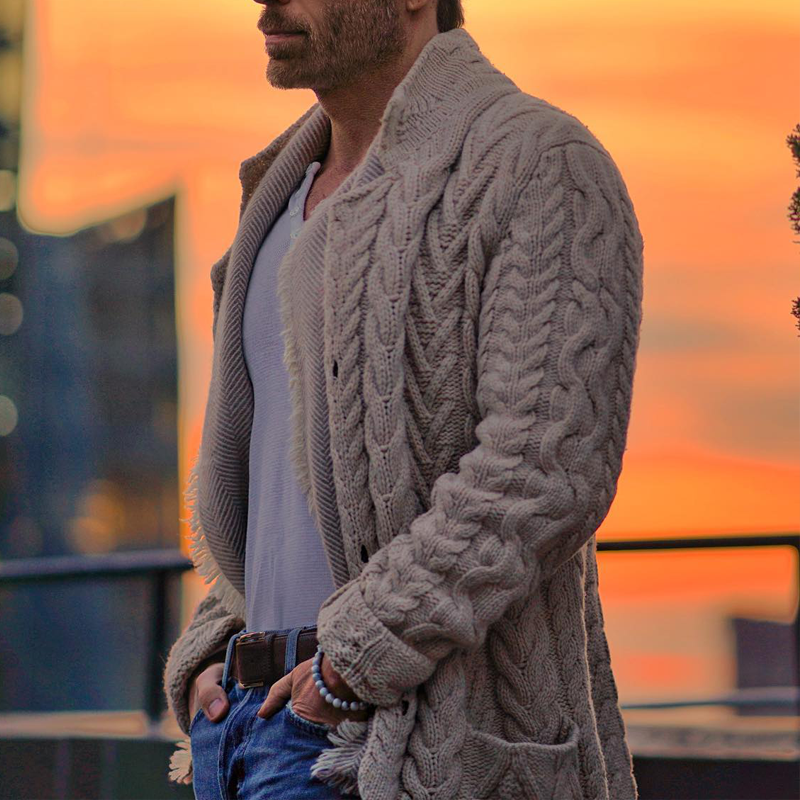 Men's Vine Stand Collar Single Breasted Cablenit Cardigan