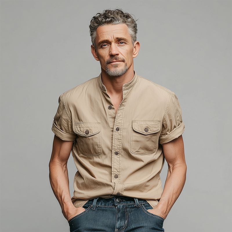 Miguel | Men'S Summer Casual Tencel Cotton Stand Collar Short Sleeve Shirt