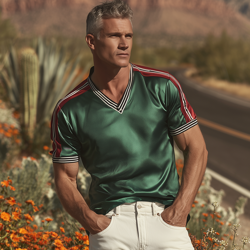 Dallas | Men'S Spring And Summer Fashion Casual Satin Contrast Color Splicing Ribbon V-Neck Short Sleeve T-Shirt