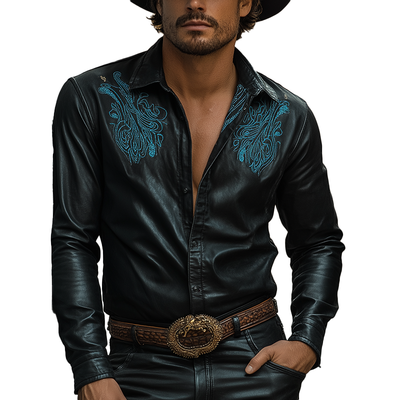 James | Men'S Western Embroidered Faux Leather Long Sleeve Shirt