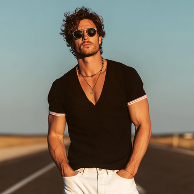 Rufus | Men'S Spring And Summer Casual Deep V Collar Cuffs Ribbed Slim Fit Ribbed Texture Knitted Short-Sleeved T-Shirt