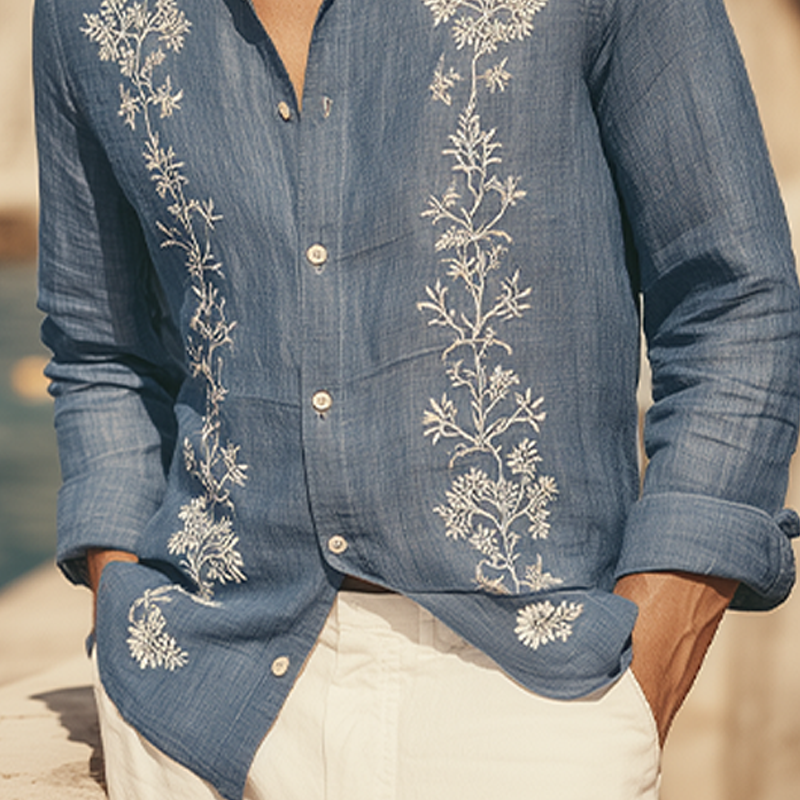 Antoine | Men'S Spring And Summer Retro Exquisite Embroidered Tencel Cotton Lapel Long-Sleeved Shirt