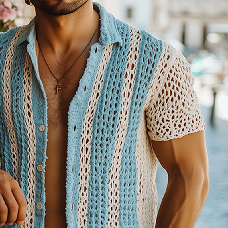 Melvin | Men'S Summer Fashion Casual Knitted Hollow Vertical Striped Short-Sleeved Shirt