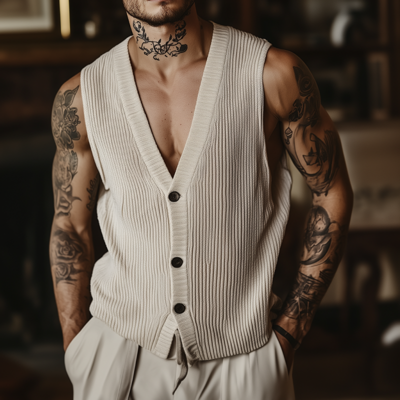 Dan | Men'S Casual Breathable Cotton Blended V-Neck Single-Breasted Loose Knitted Vest