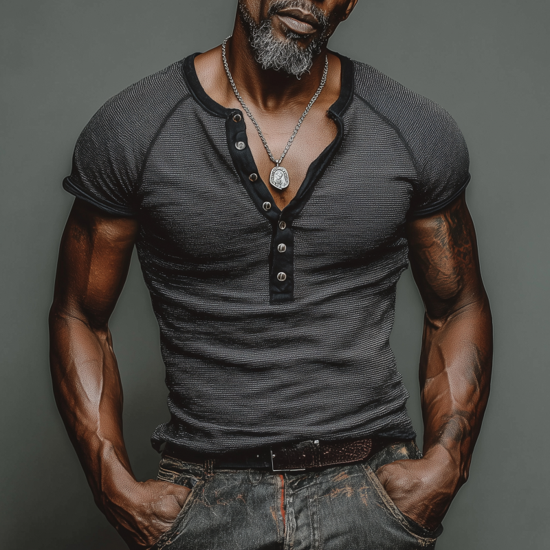 Renato | Men'S Casual Cotton Striped Colorblock Trim Henley Collar Slim Fit Short Sleeve T-Shirt