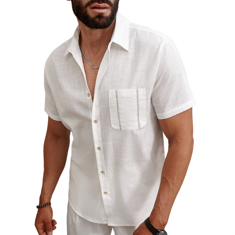Federico | Men'S Casual Breathable Linen Lapel Patch Pocket Slim Fit Short Sleeve Shirt