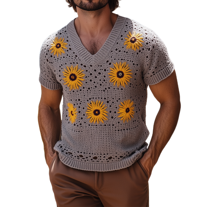 Kent | Men'S Spring And Summer Fashion Leisure Vacation Style Knitted Hollow Flower V-Neck Short-Sleeved T-Shirt