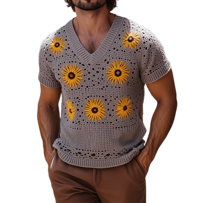 Kent | Men'S Spring And Summer Fashion Leisure Vacation Style Knitted Hollow Flower V-Neck Short-Sleeved T-Shirt