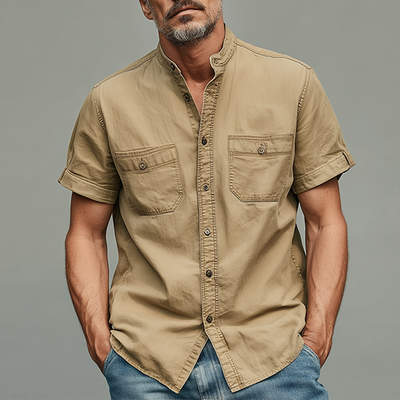 Michael | Men'S Summer Casual Cotton Blended Washed Stand Collar Short Sleeve Shirt