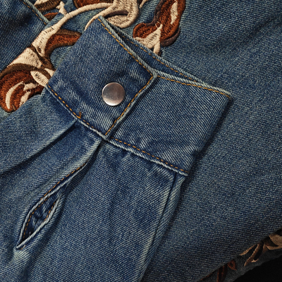 Men's Western Cowboy Style Embroidered Lapel Chest Pocket Long Sleeve DeniShirt