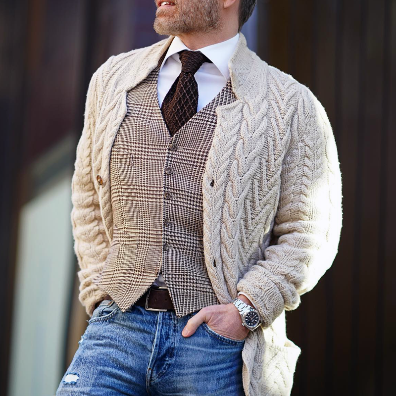 Men's Vine Stand Collar Single Breasted Cablenit Cardigan