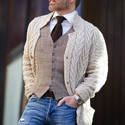 Men's Vine Stand Collar Single Breasted Cablenit Cardigan
