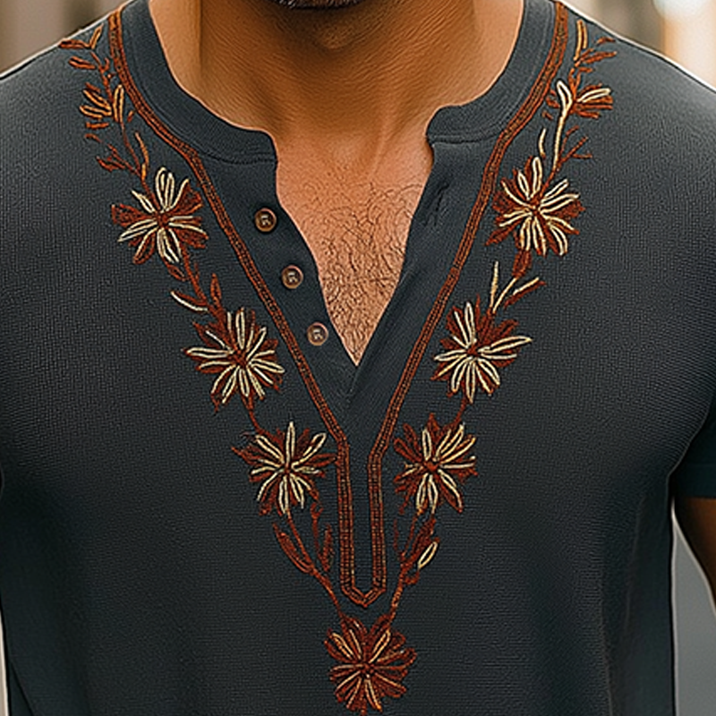 Hector | Men'S Summer Fashion Embroidery Lightweight Knitted Short Sleeve V-Neck T-Shirt