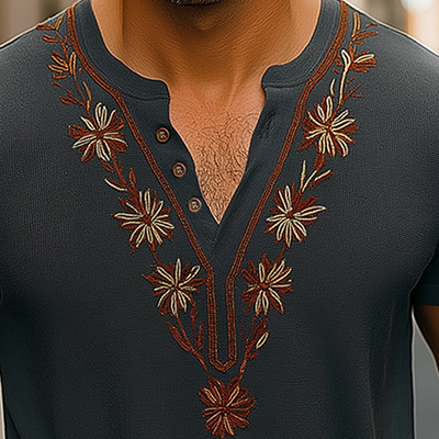 Hector | Men'S Summer Fashion Embroidery Lightweight Knitted Short Sleeve V-Neck T-Shirt
